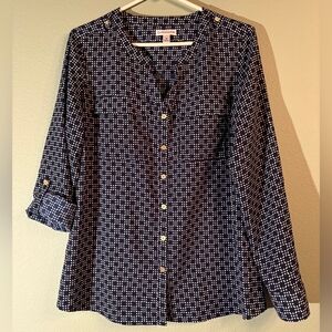 Croft & Barrow Navy/White Geomatric Pattern Long Sleeve Top - Size M